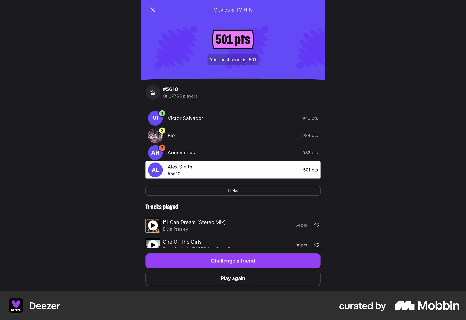 Deezer Web Leaderboard screen