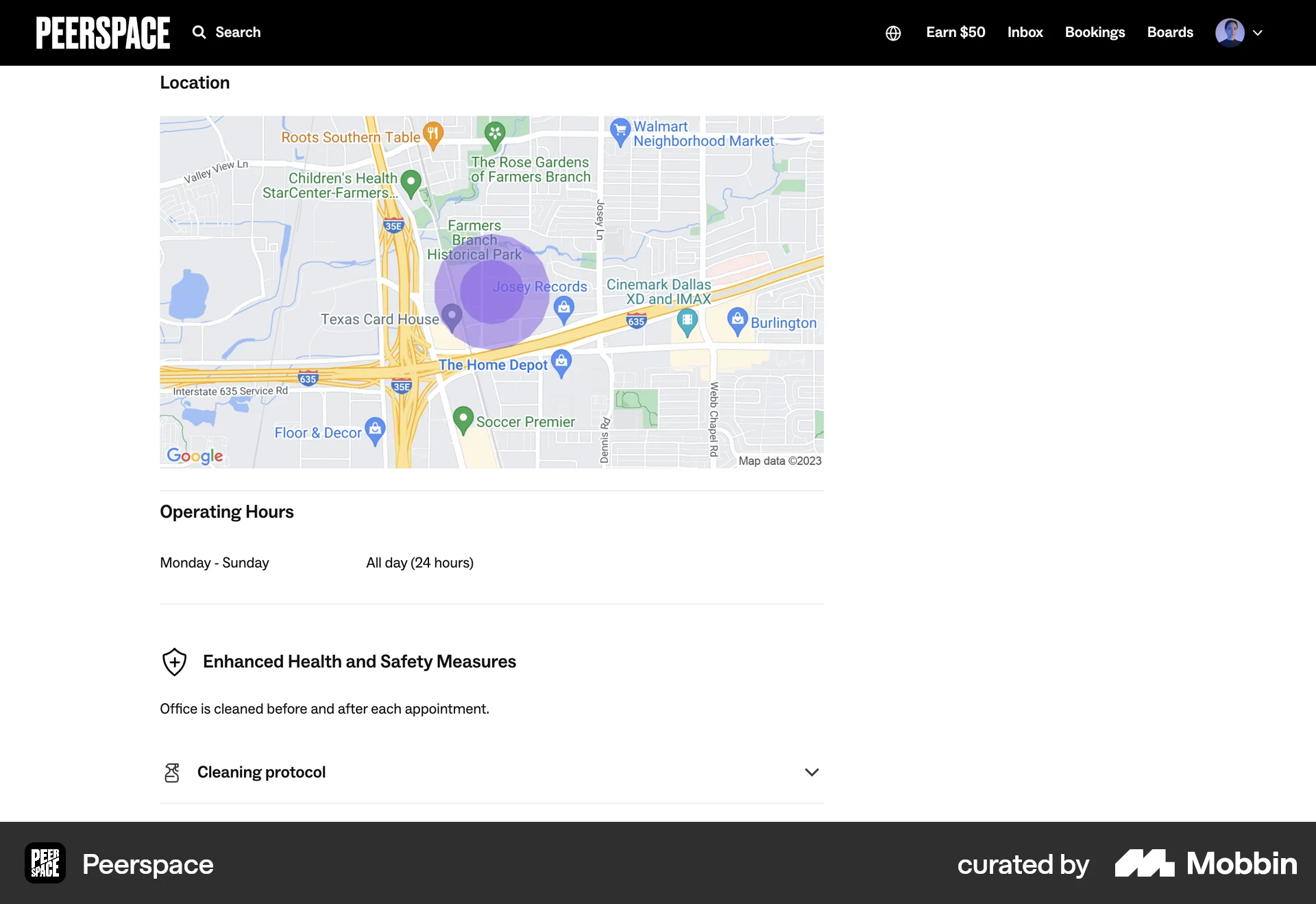 Peerspace Web Map screen