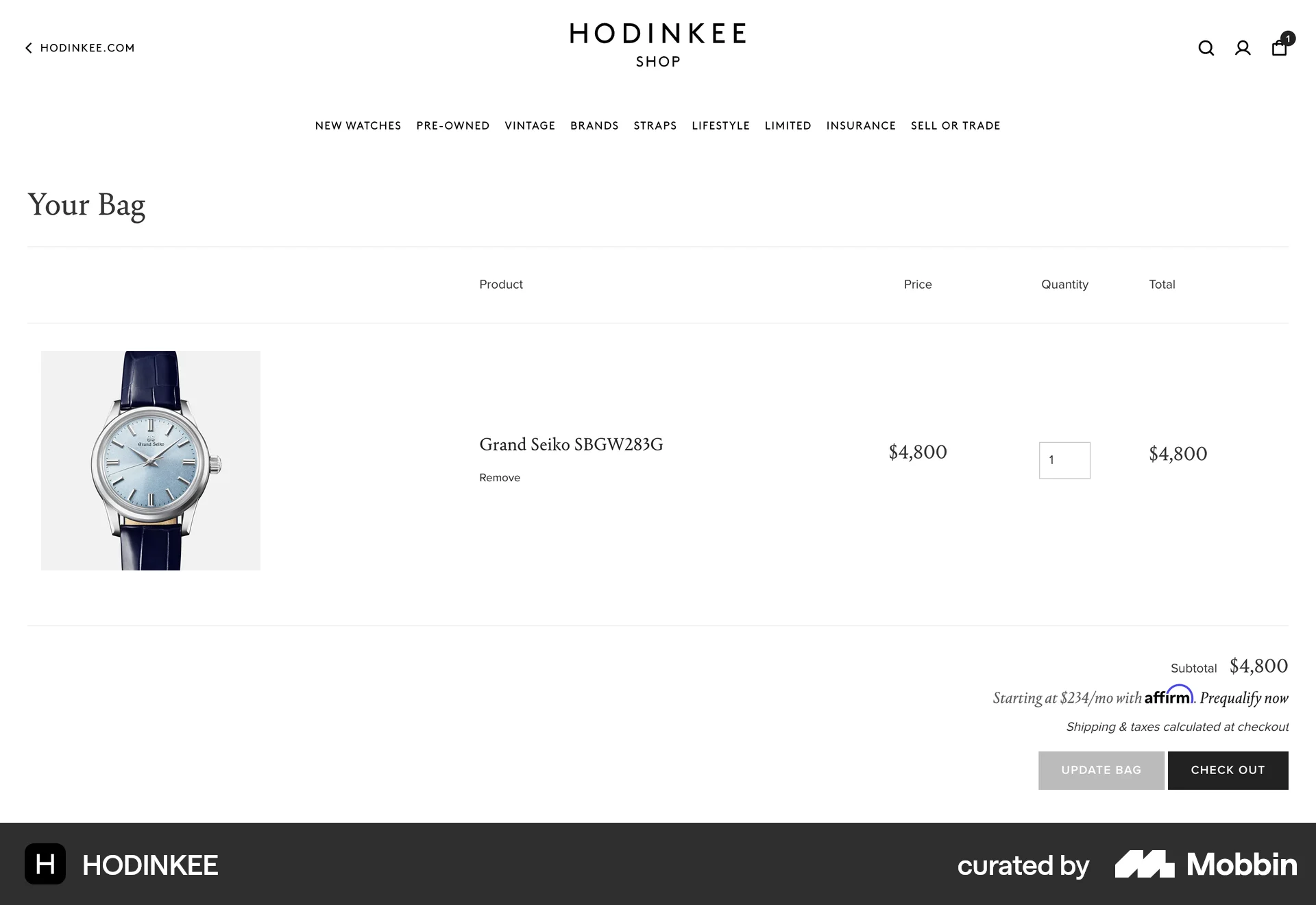HODINKEE Web Web Shopping Cart screen