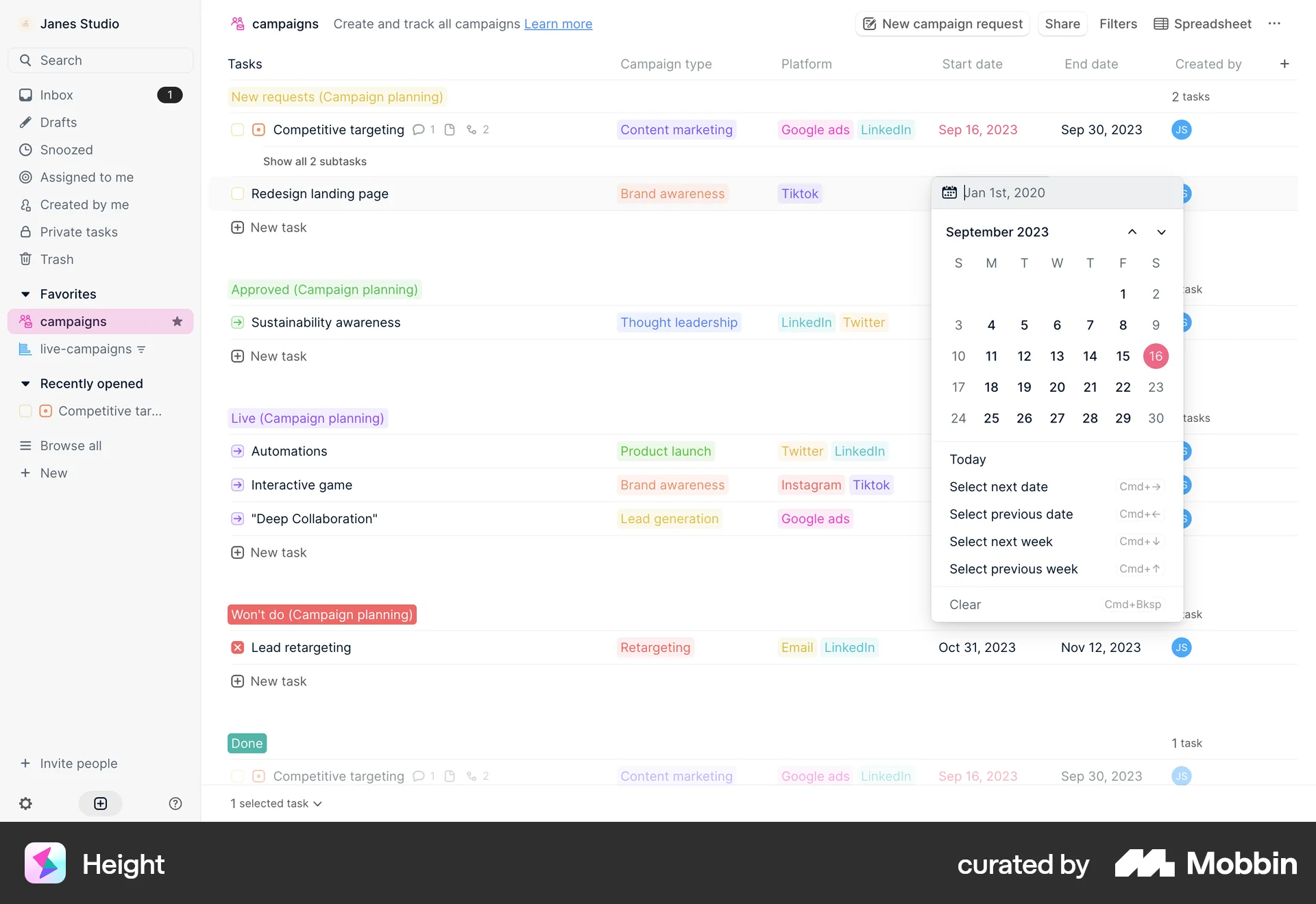 Height Web Calendar screen