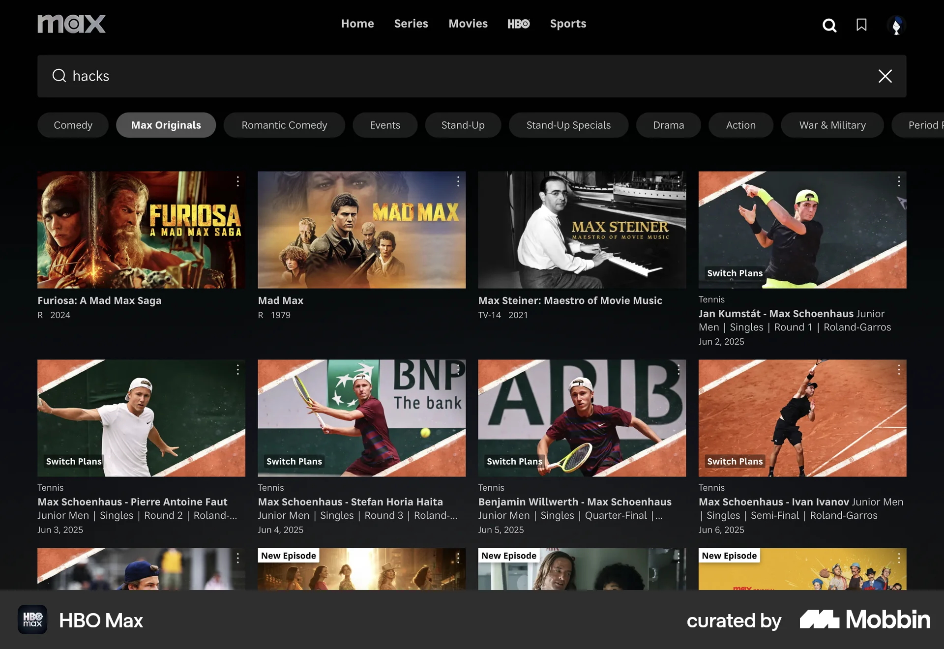 HBO Max Web Entertainment App screen