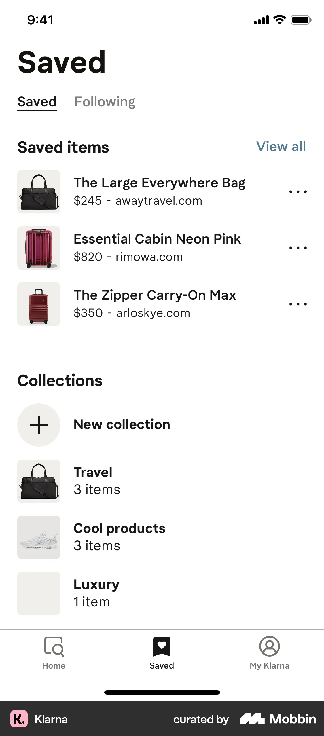 Klarna iOS Bookmarks & Collections screen