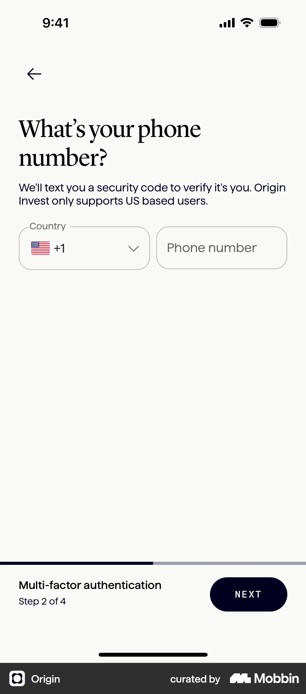 Origin iOS Verification screen