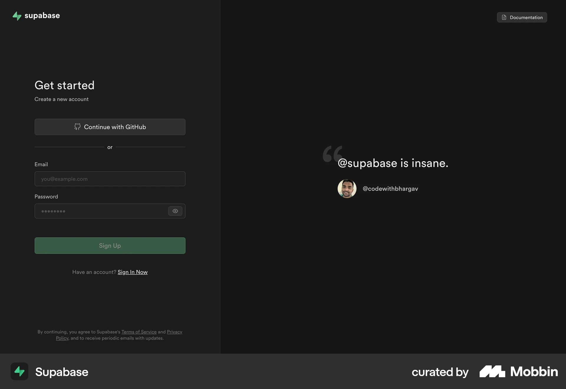 Supabase Web Signup screen