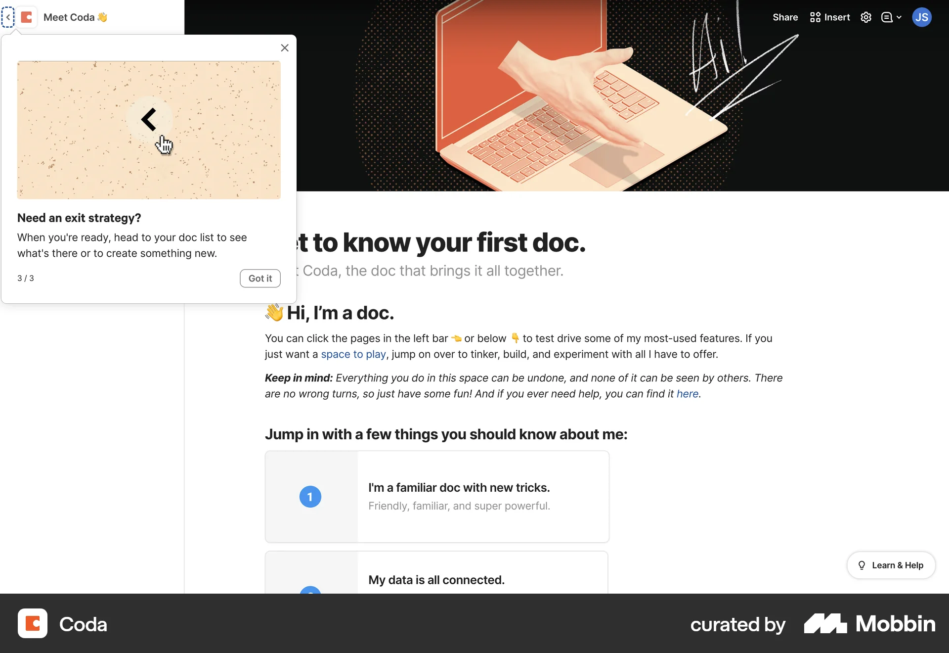 Coda Web Guided Tour & Tutorial screen
