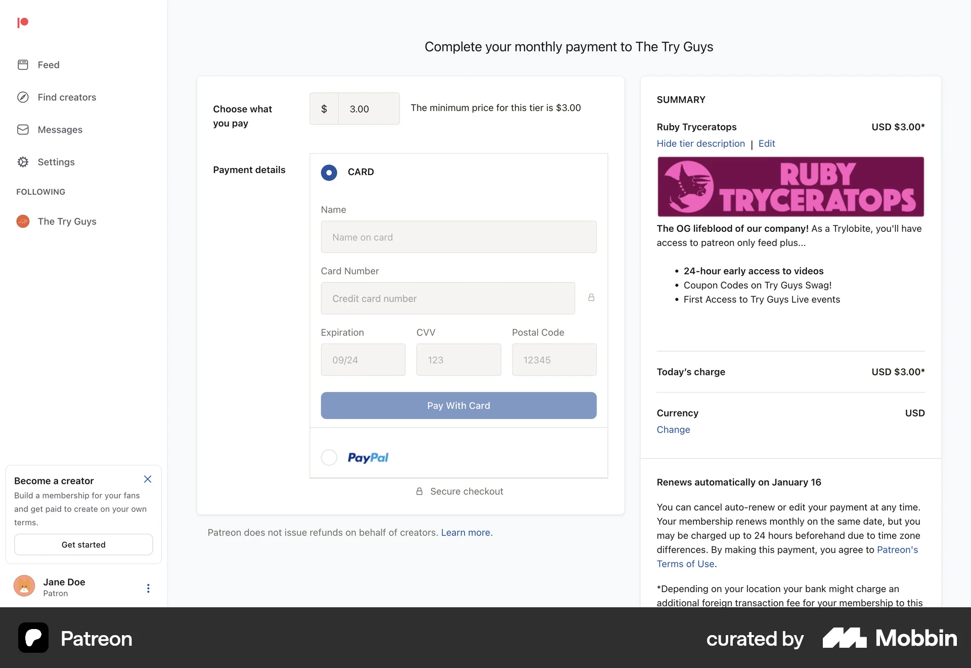Patreon Web Payment Method screen