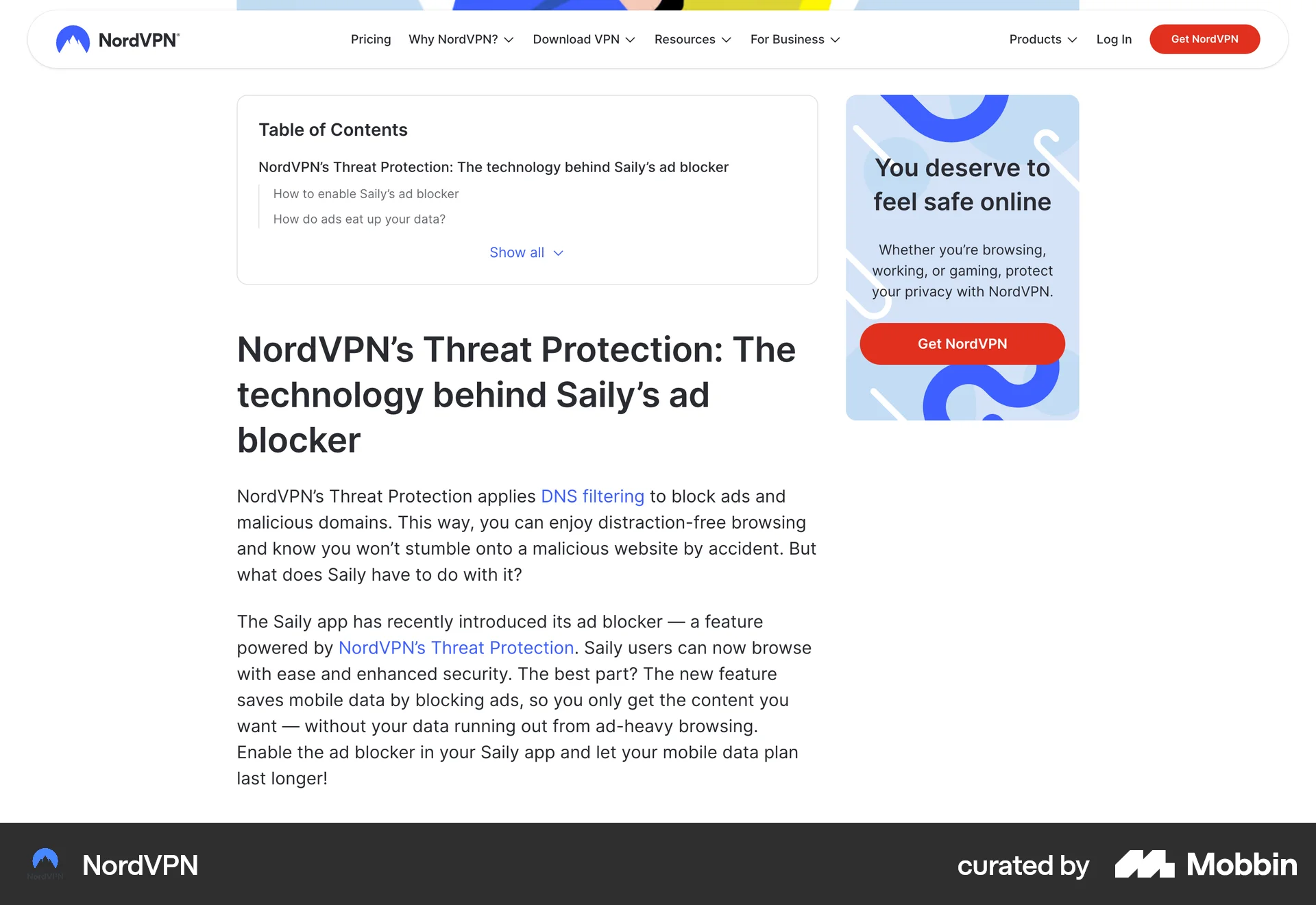 NordVPN Web screen containing Table of Contents UI element