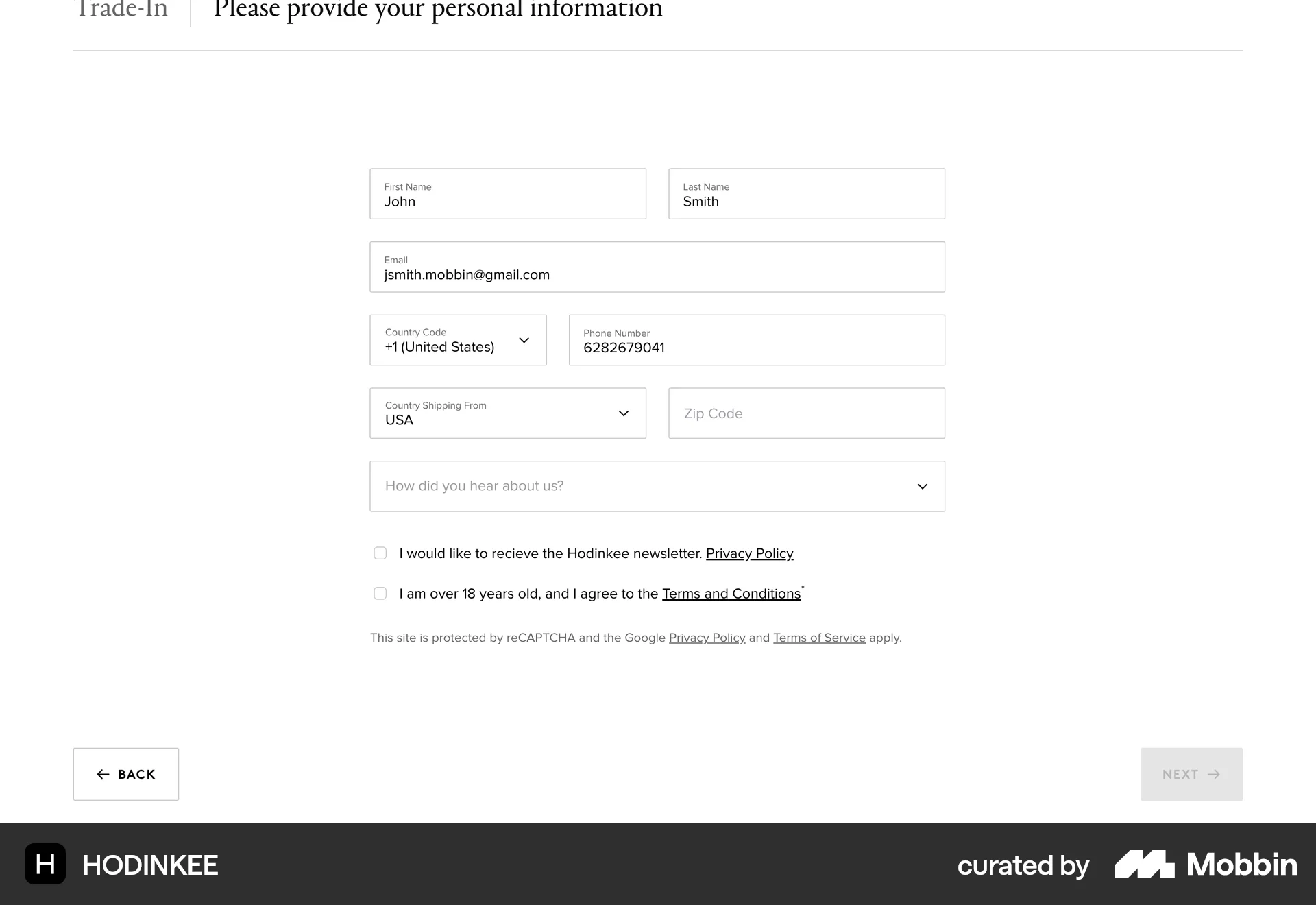 HODINKEE Web Web Form UI screen