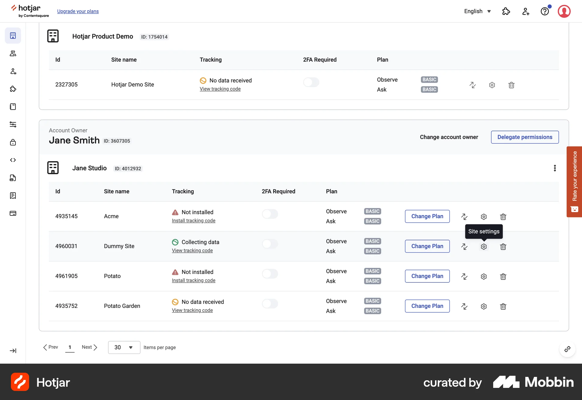 Hotjar Web Admin Dashboard screen