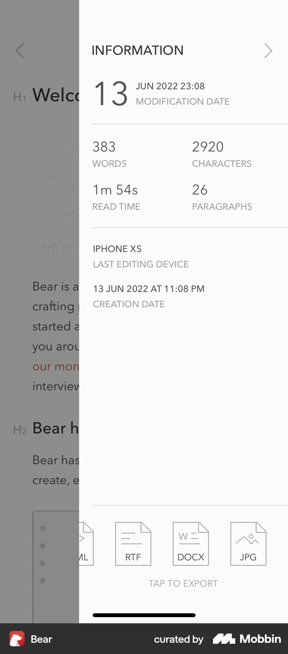 Bear iOS screen containing Divider UI element