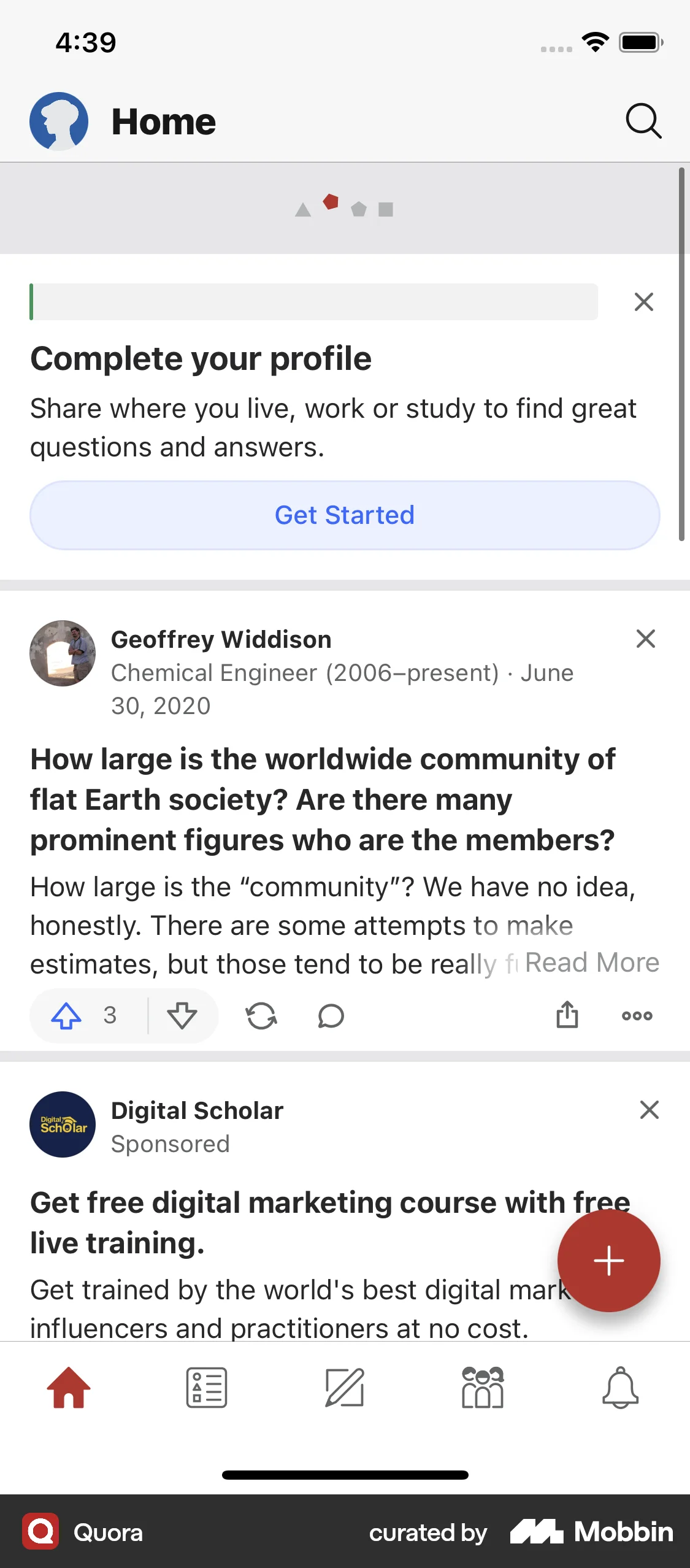 Quora iOS Pull to Refresh screen