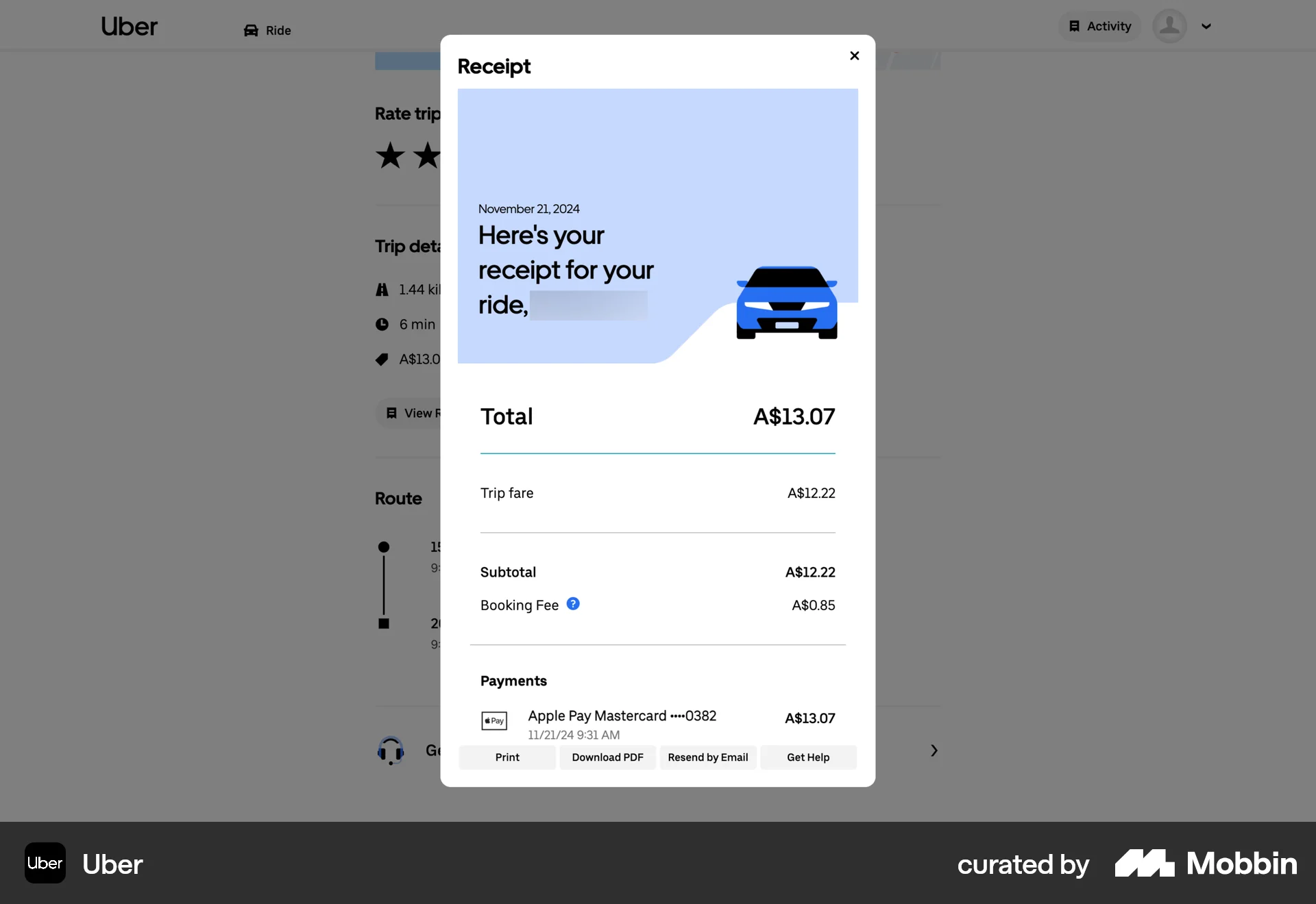 Uber Web Order Detail screen