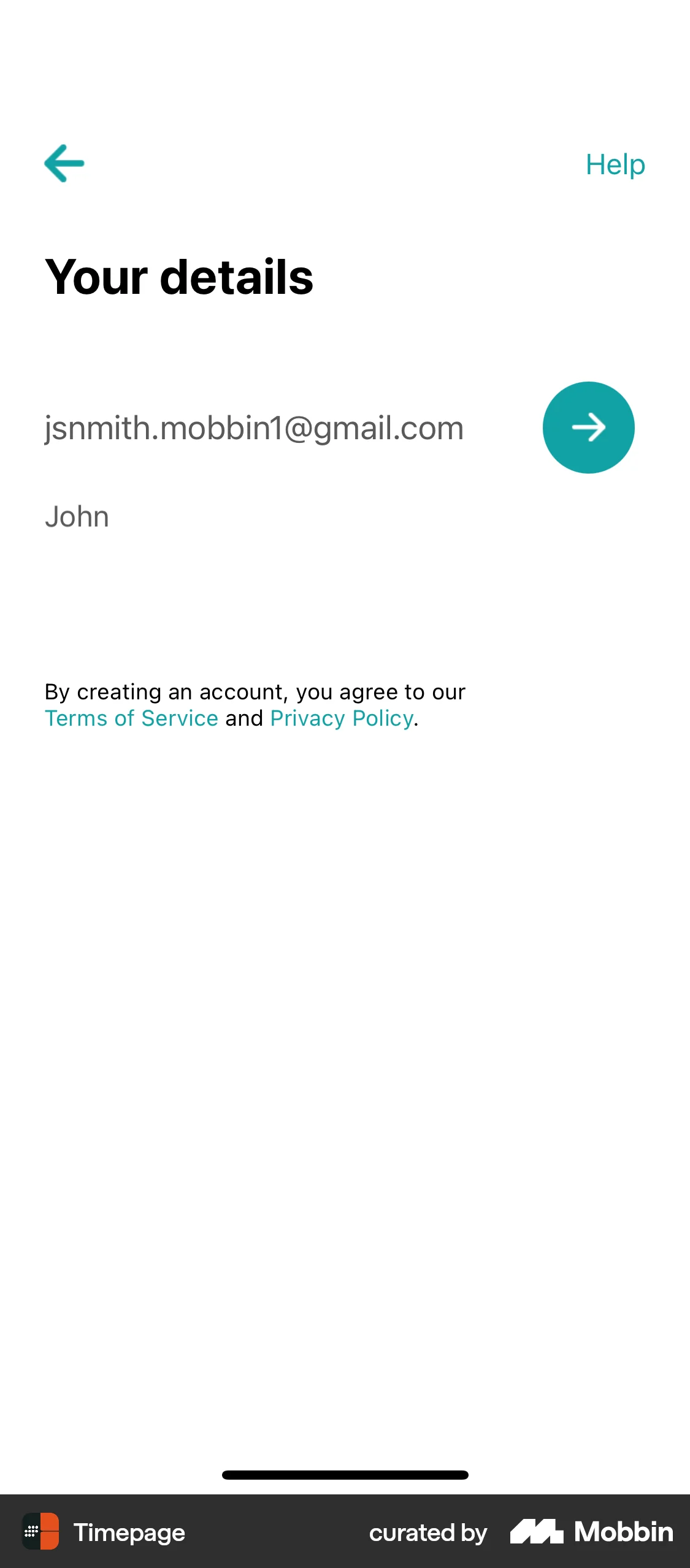 Timepage iOS Signup screen