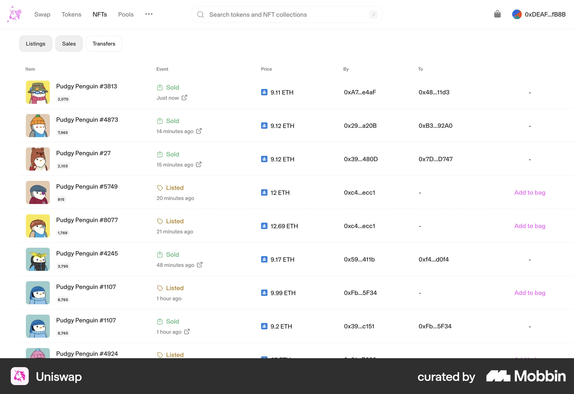 Uniswap Web screen containing Table UI element