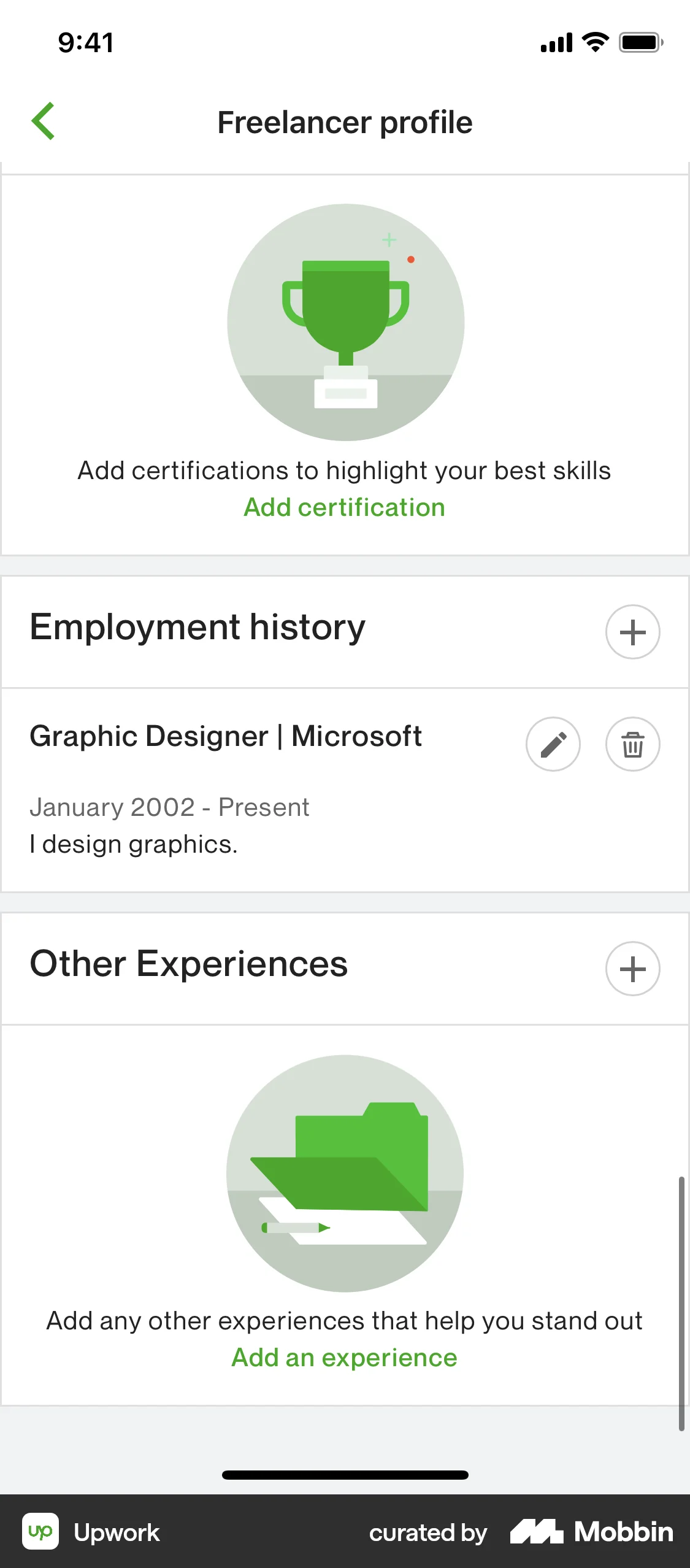 Upwork iOS My Account & Profile screen
