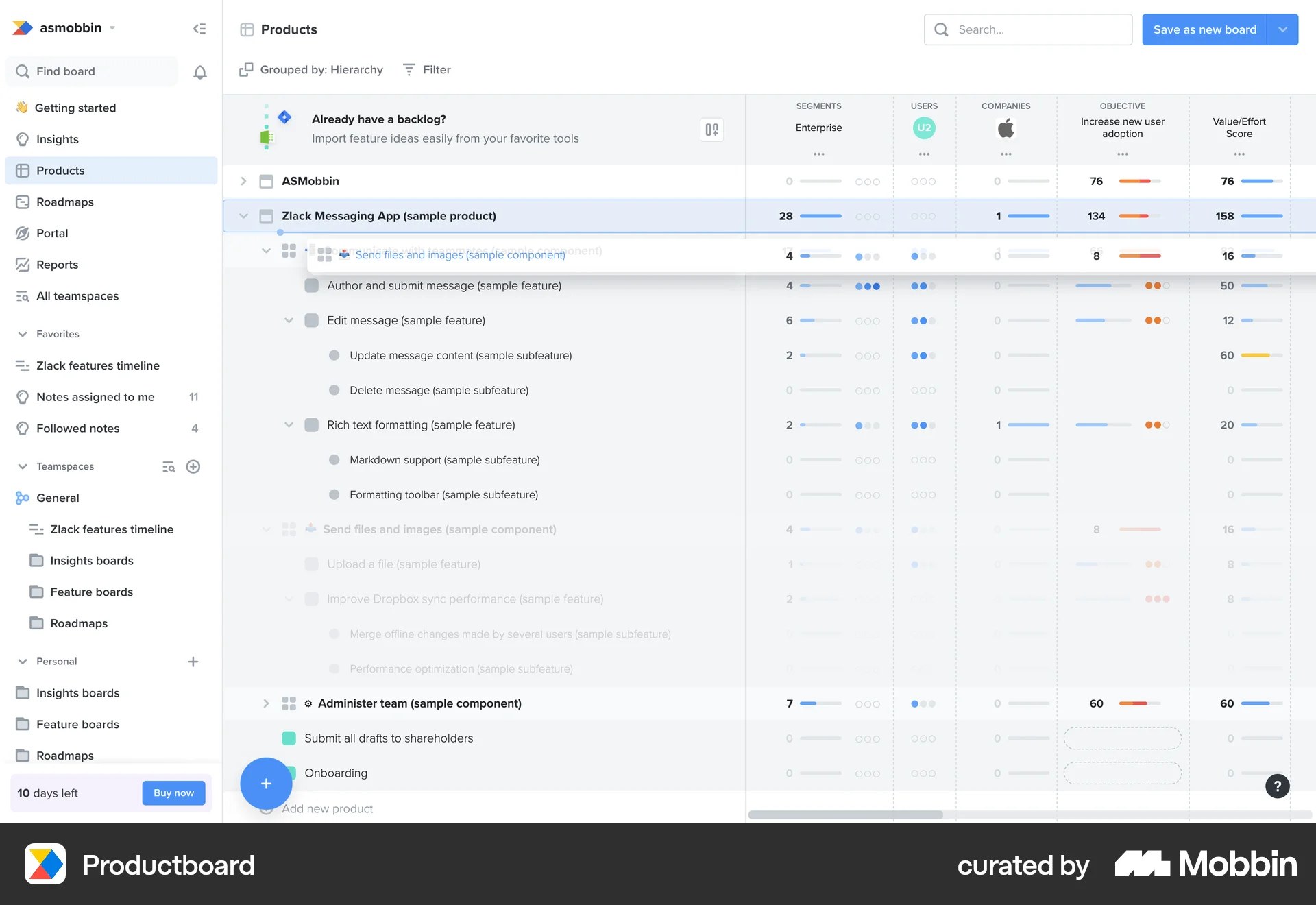Productboard Web Reorder screen