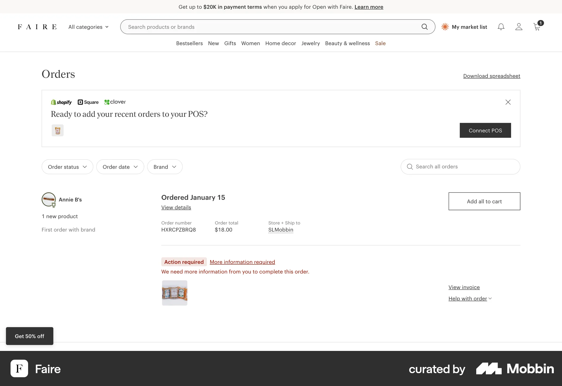 Faire Web Order History screen