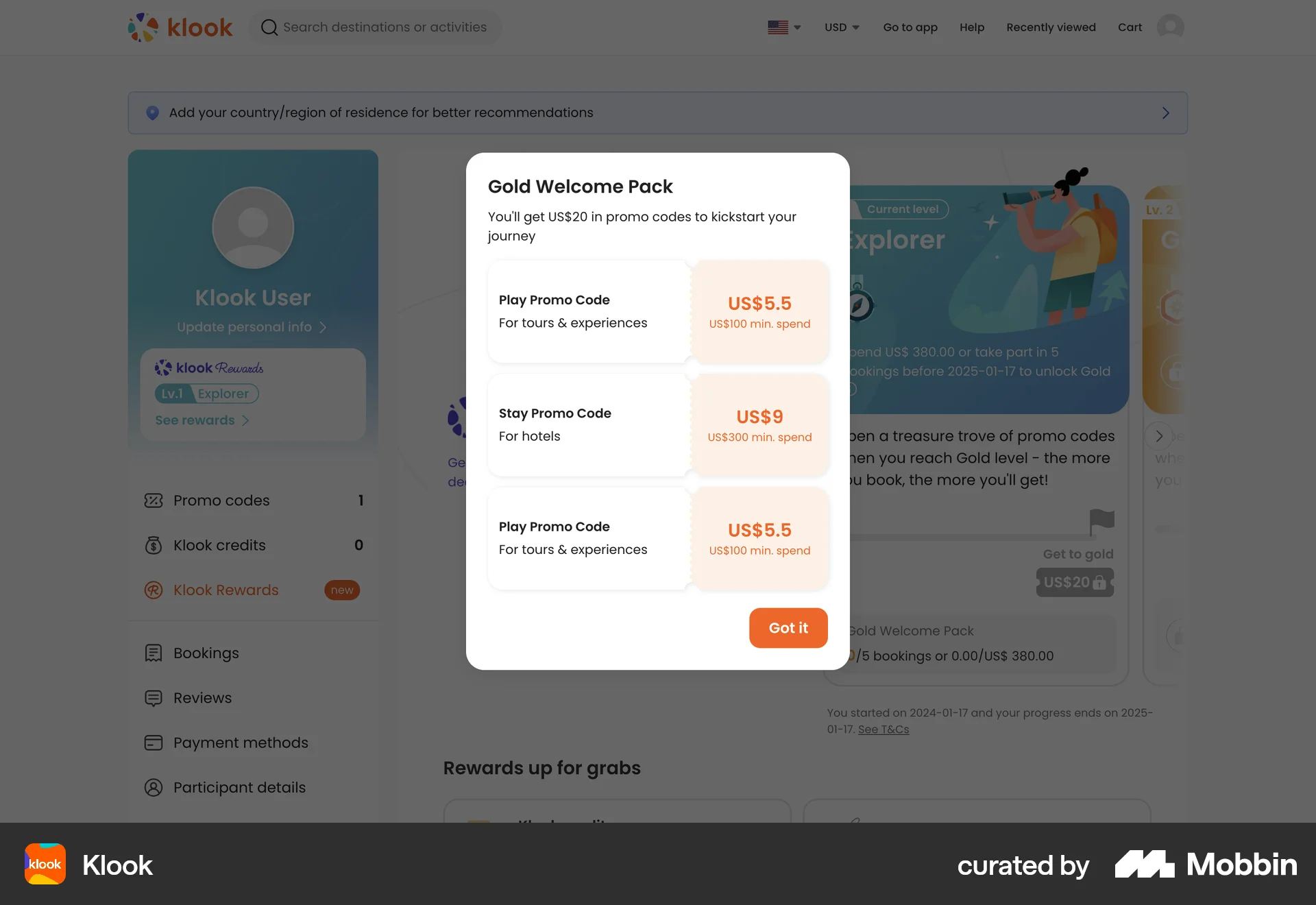 Klook Web Promotions & Rewards screen