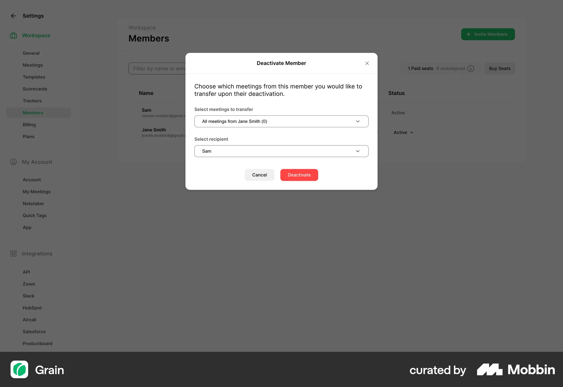 Grain Web Delete & Deactivate Account screen