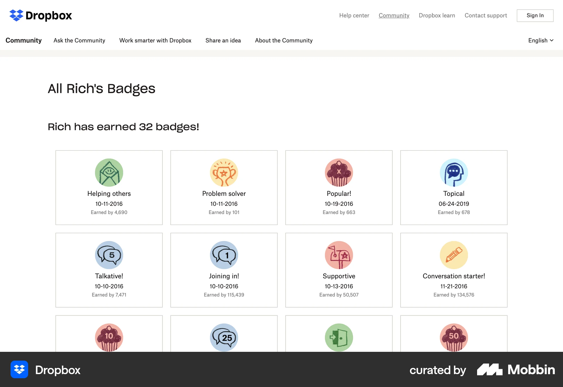 Dropbox Web Achievements & Awards screen