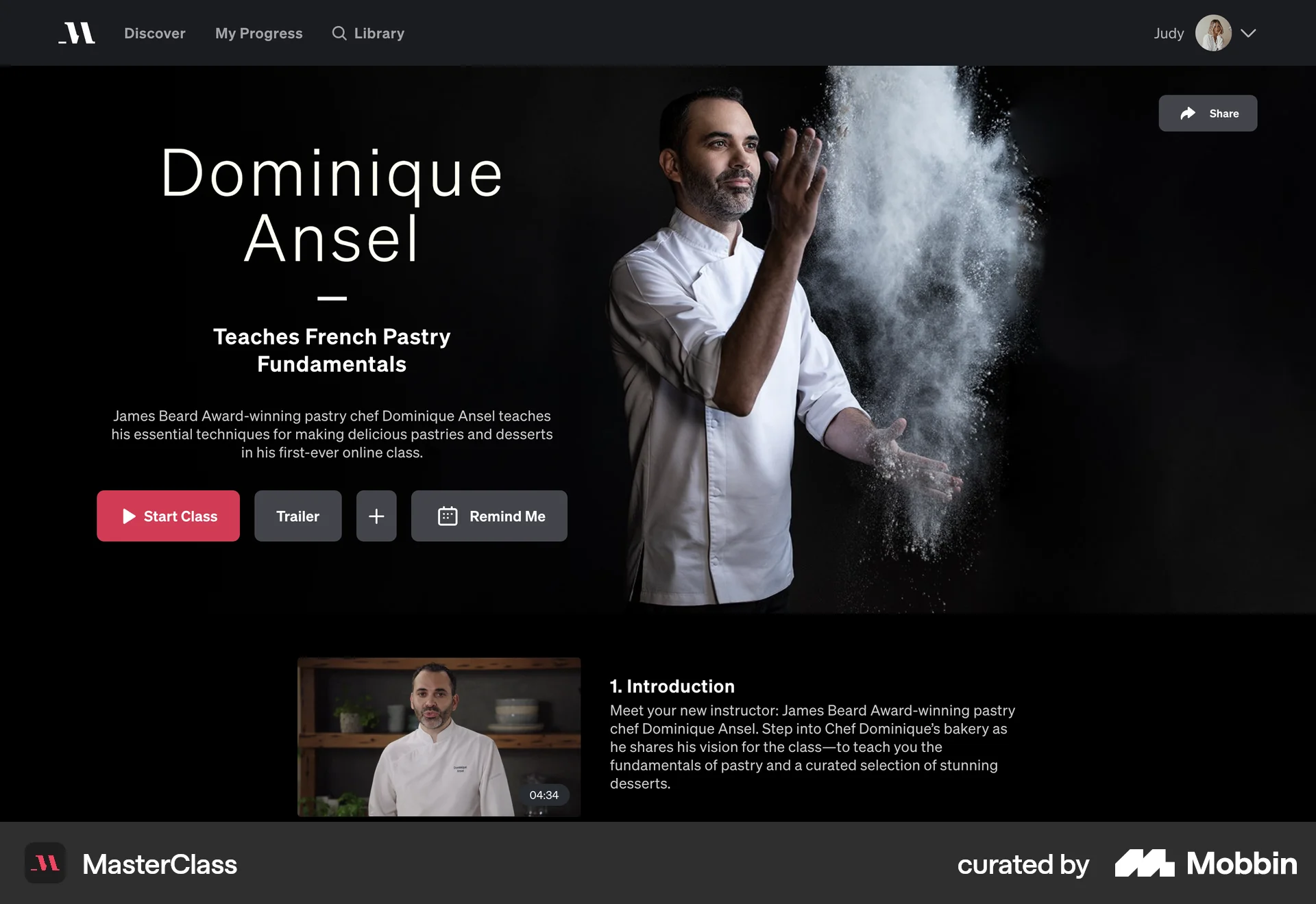 MasterClass Web Class & Lesson Detail screen