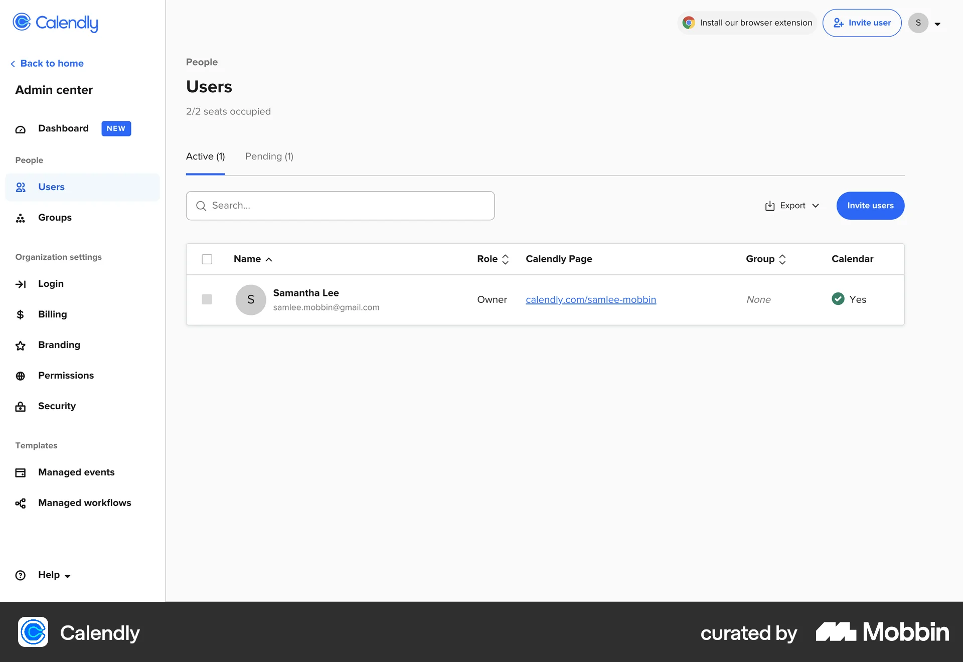 Calendly Web Admin UI screen