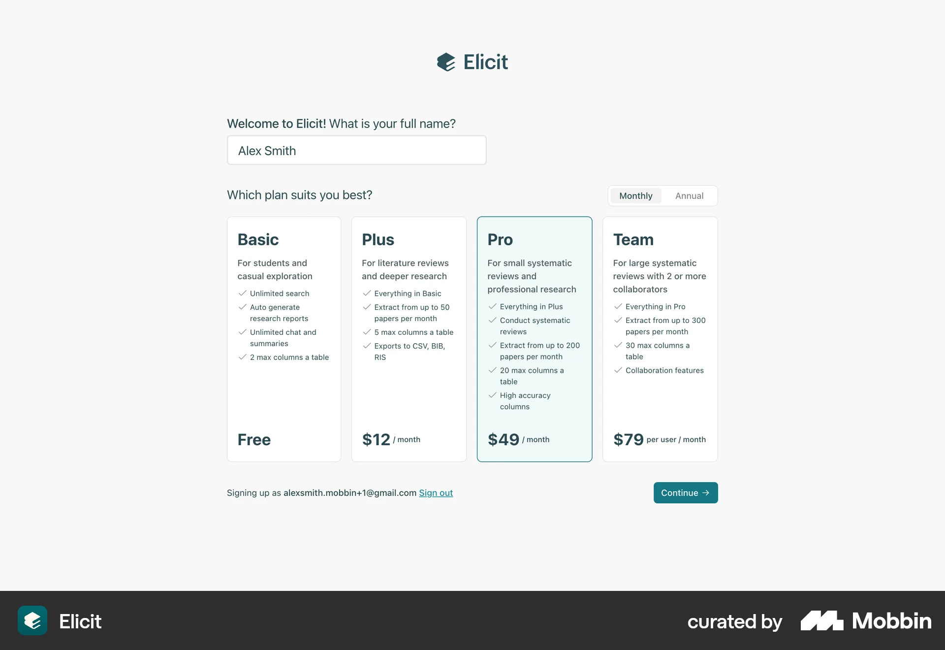 Elicit Web Pricing screen