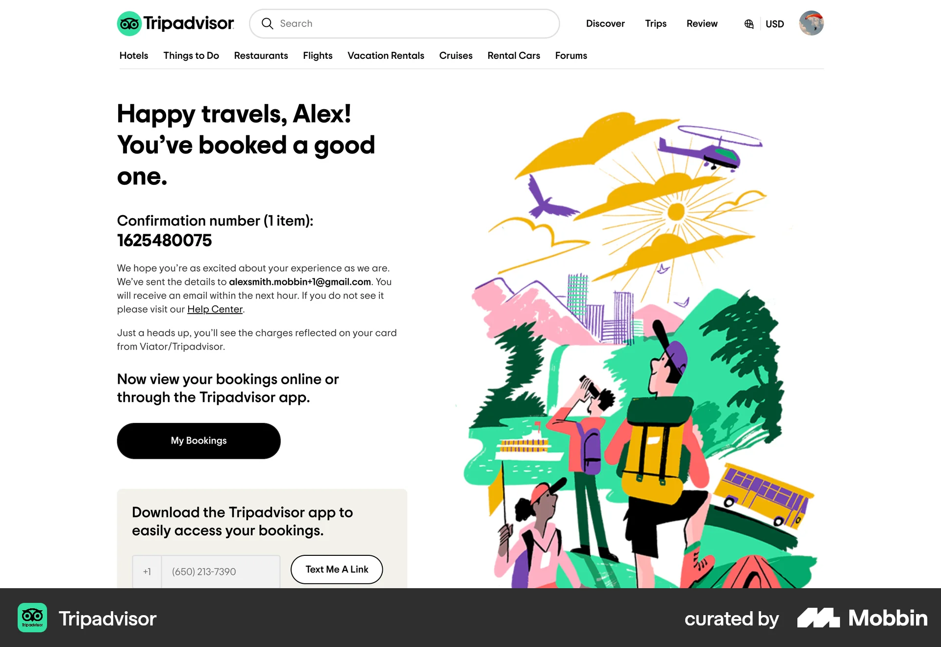Tripadvisor Web Order Confirmation screen