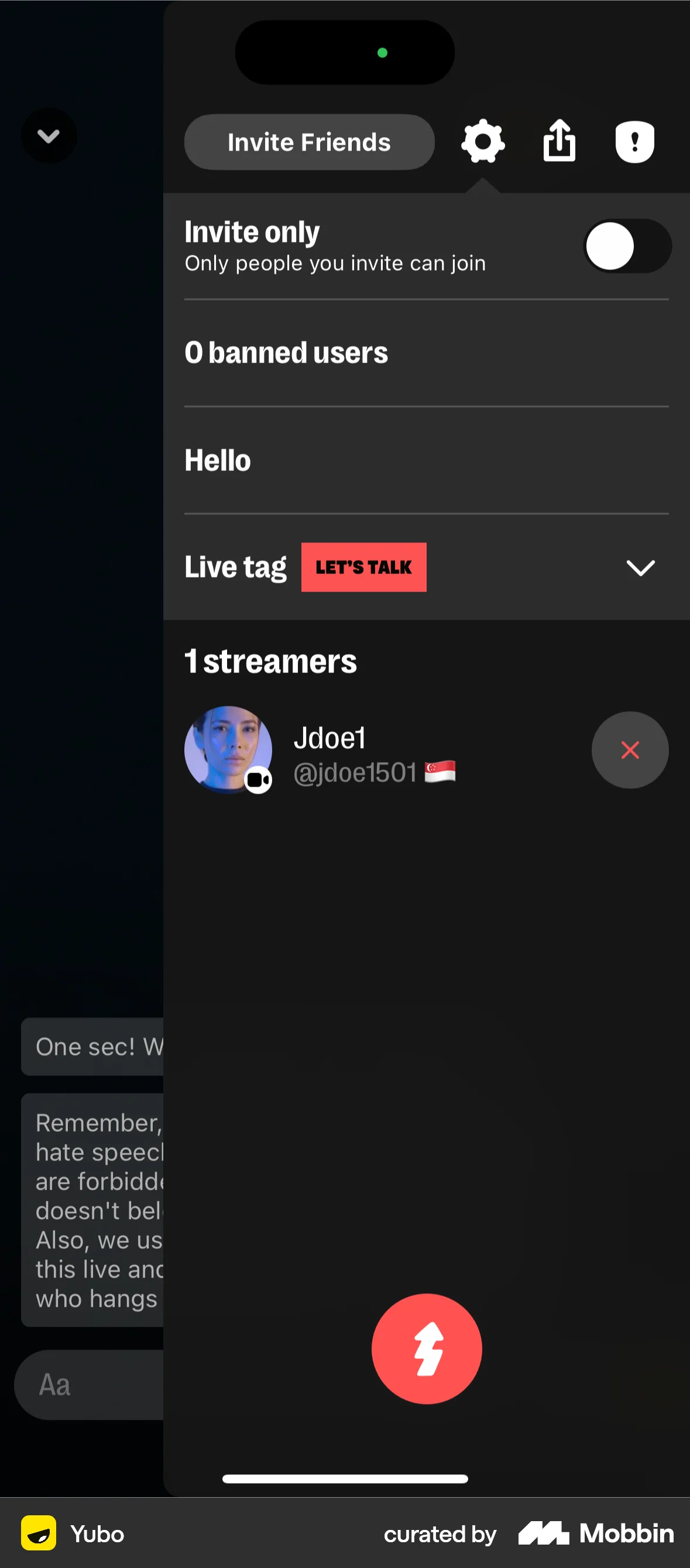 Yubo iOS screen containing Drawer UI element