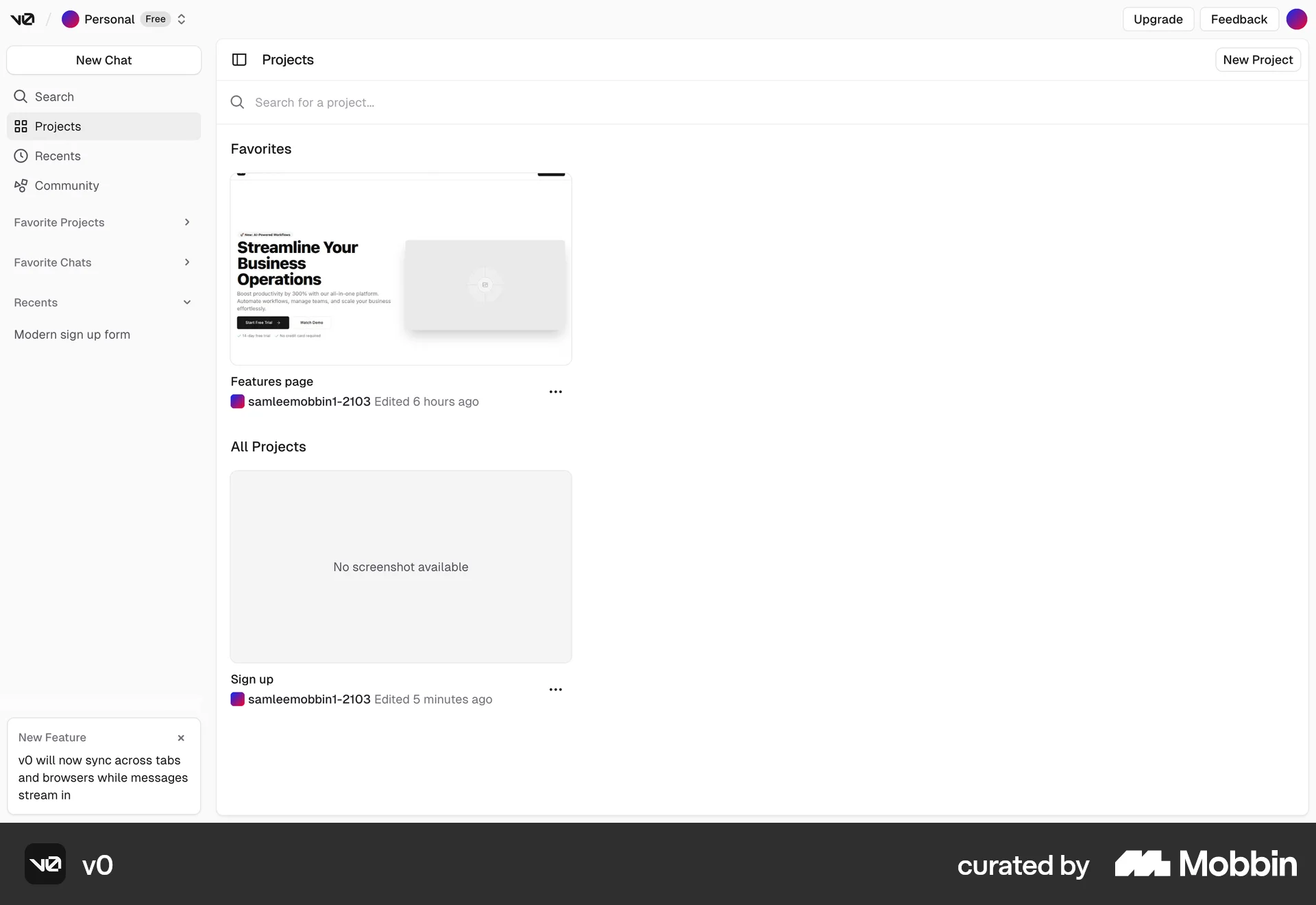 v0 Web Bookmarks & Collections screen