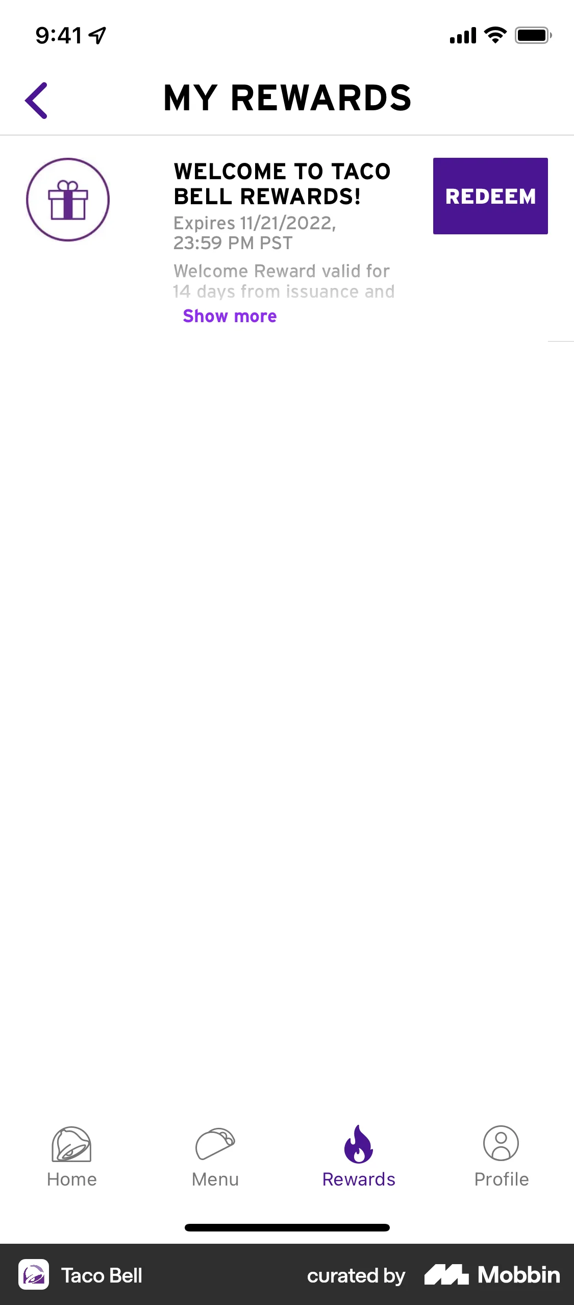 Taco Bell iOS Promotions & Rewards screen