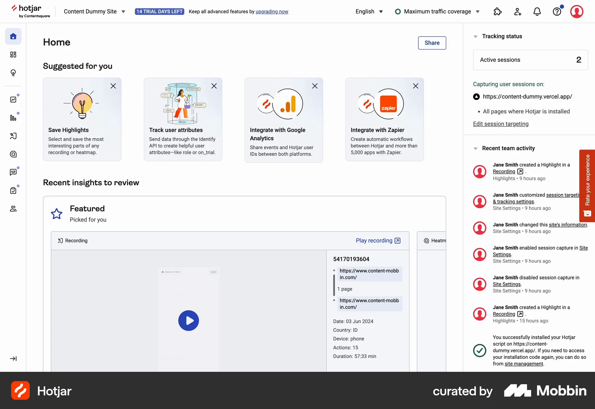 Hotjar Web CRM App screen