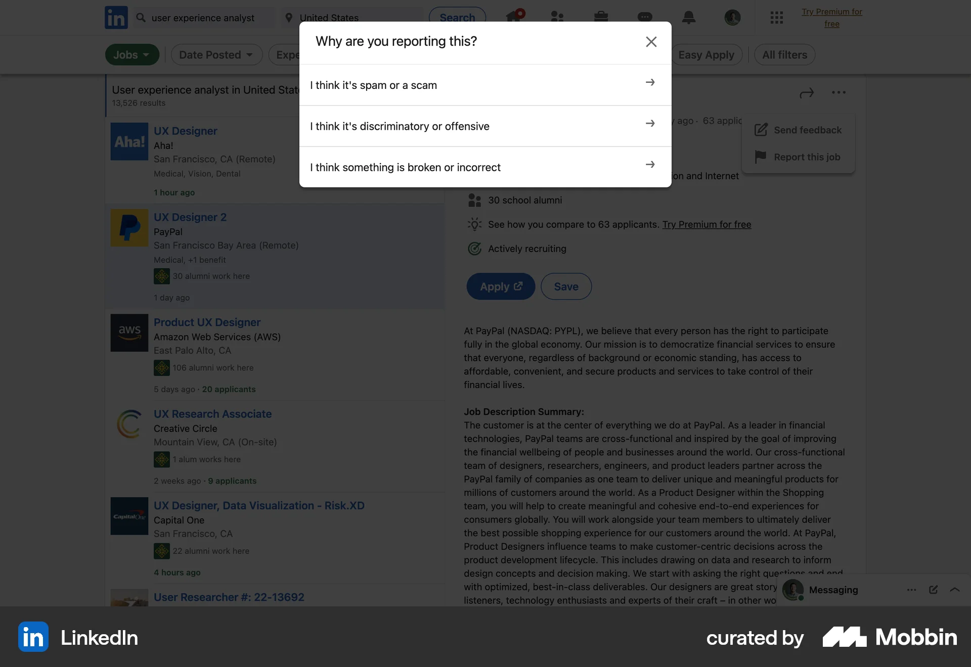 LinkedIn Web Flag & Report screen