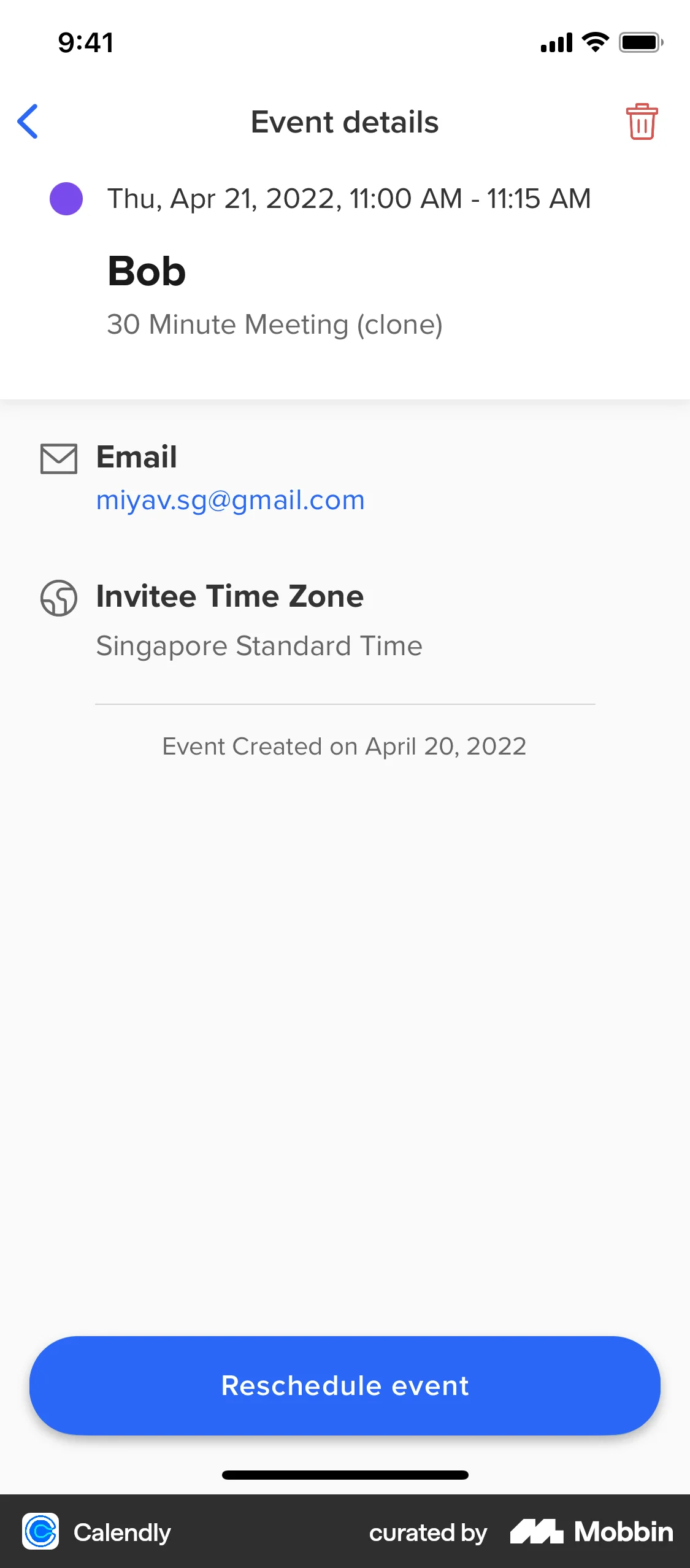 Calendly iOS Event Detail screen