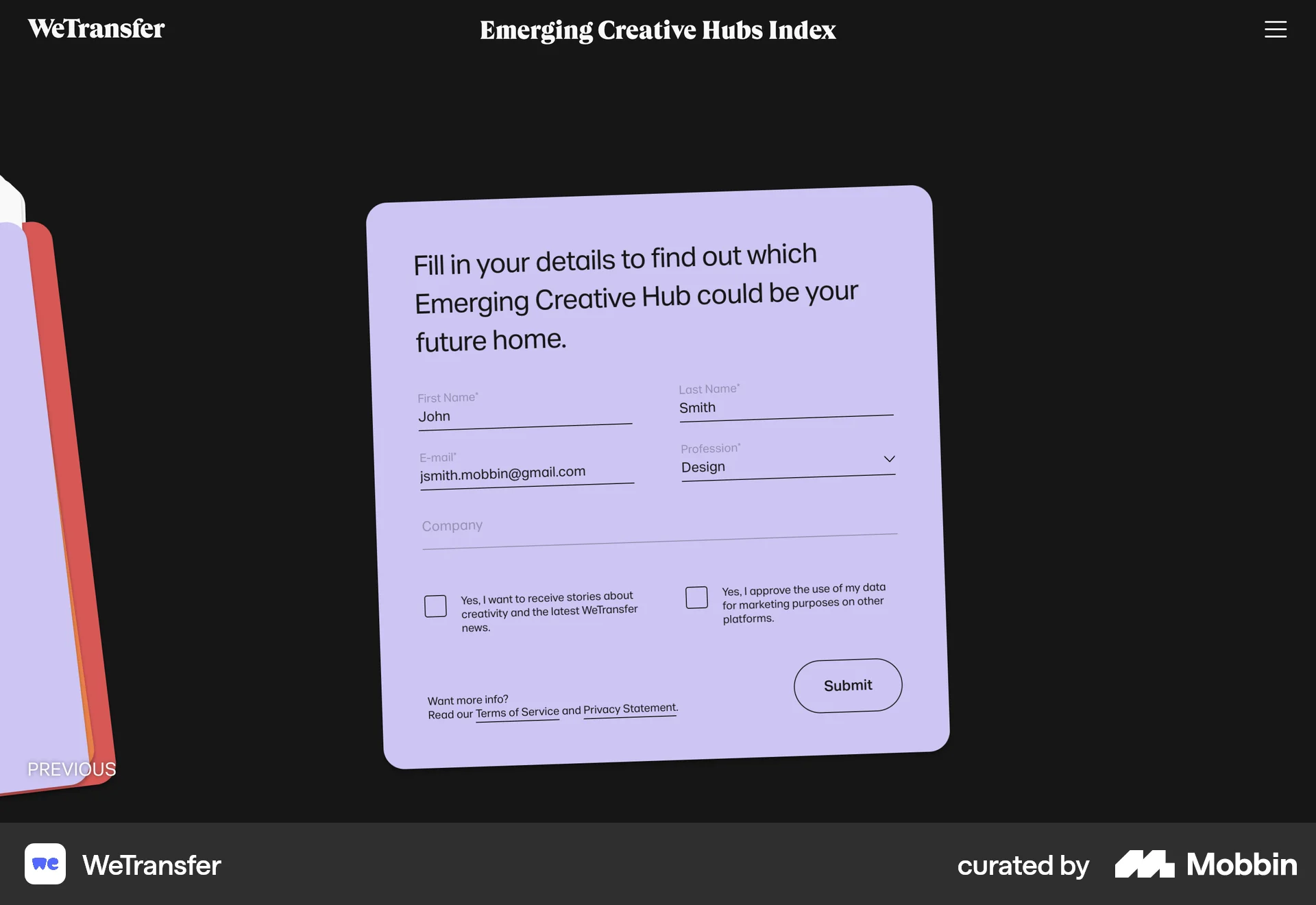 WeTransfer Web Follow & Subscribe screen