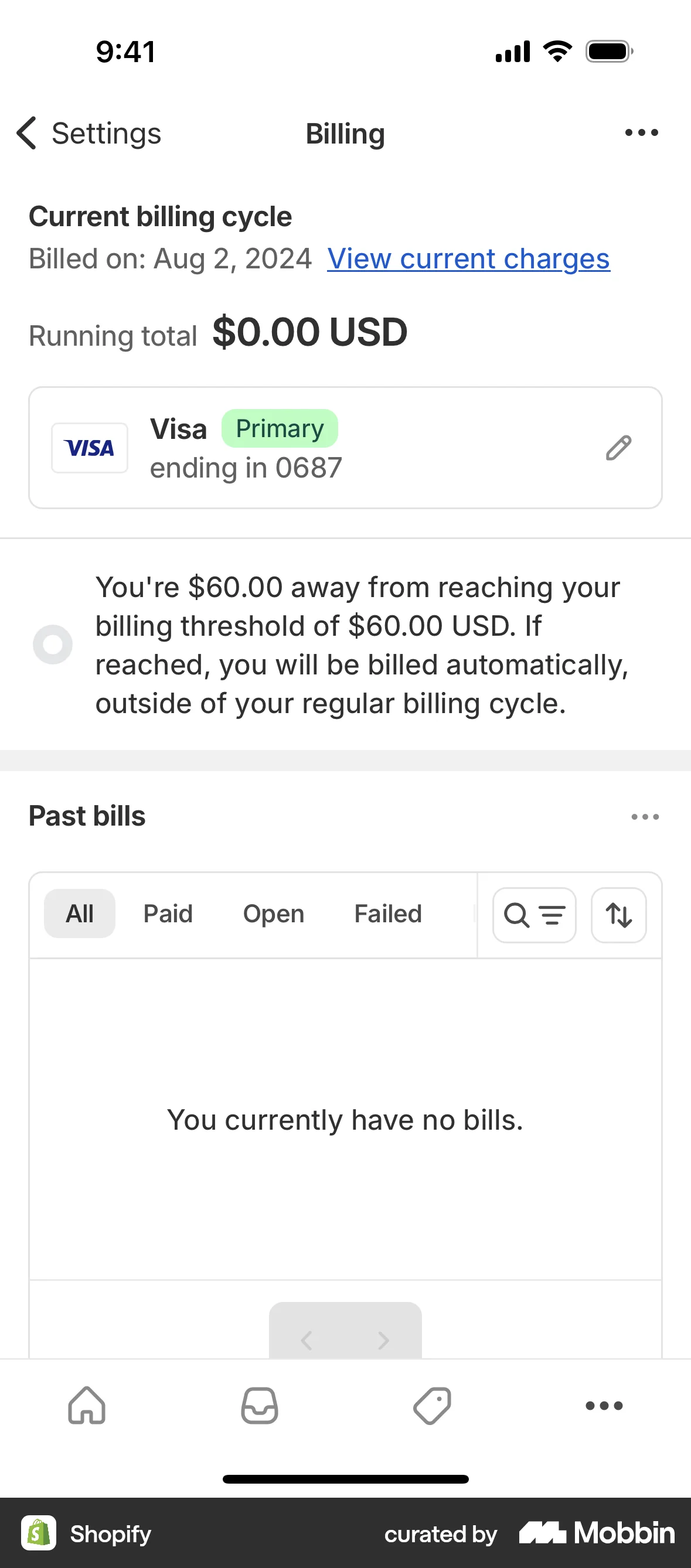 Shopify iOS Billing screen