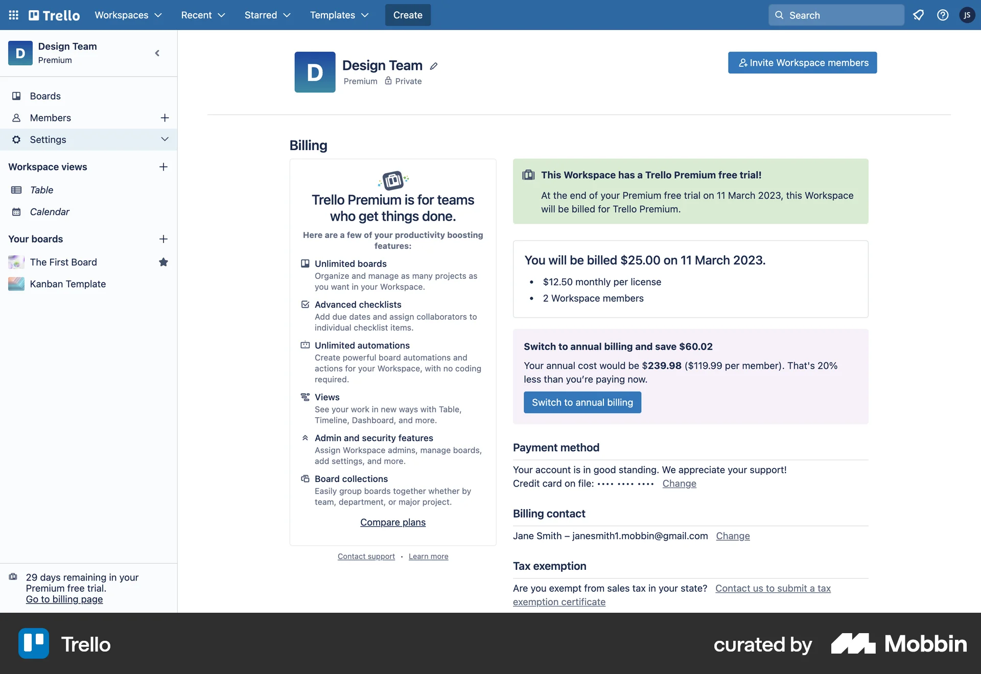 Trello Web Billing screen