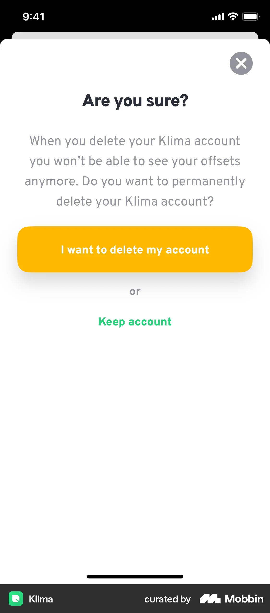 Klima iOS Delete & Deactivate Account screen
