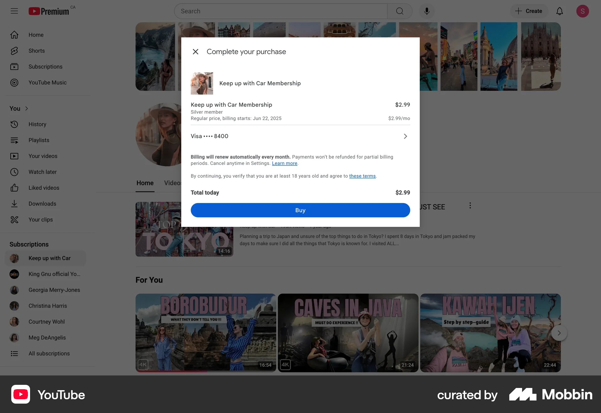 YouTube Web Checkout screen