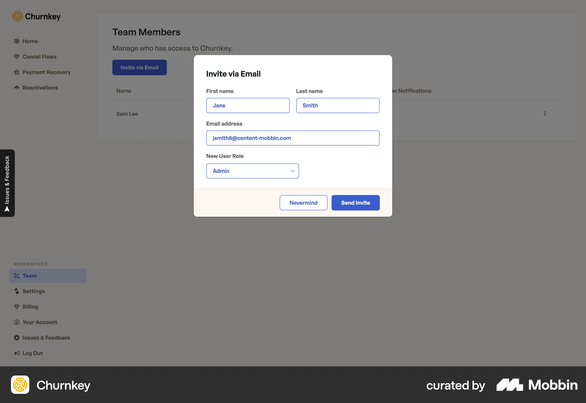 Churnkey Web Invite Teammates screen