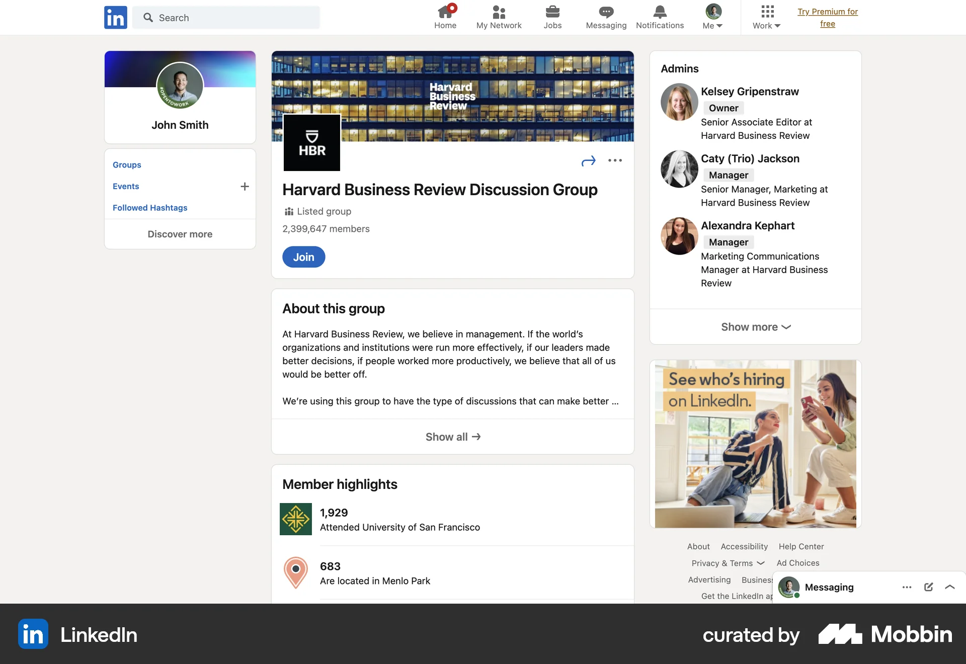 LinkedIn Web User / Group Profile screen