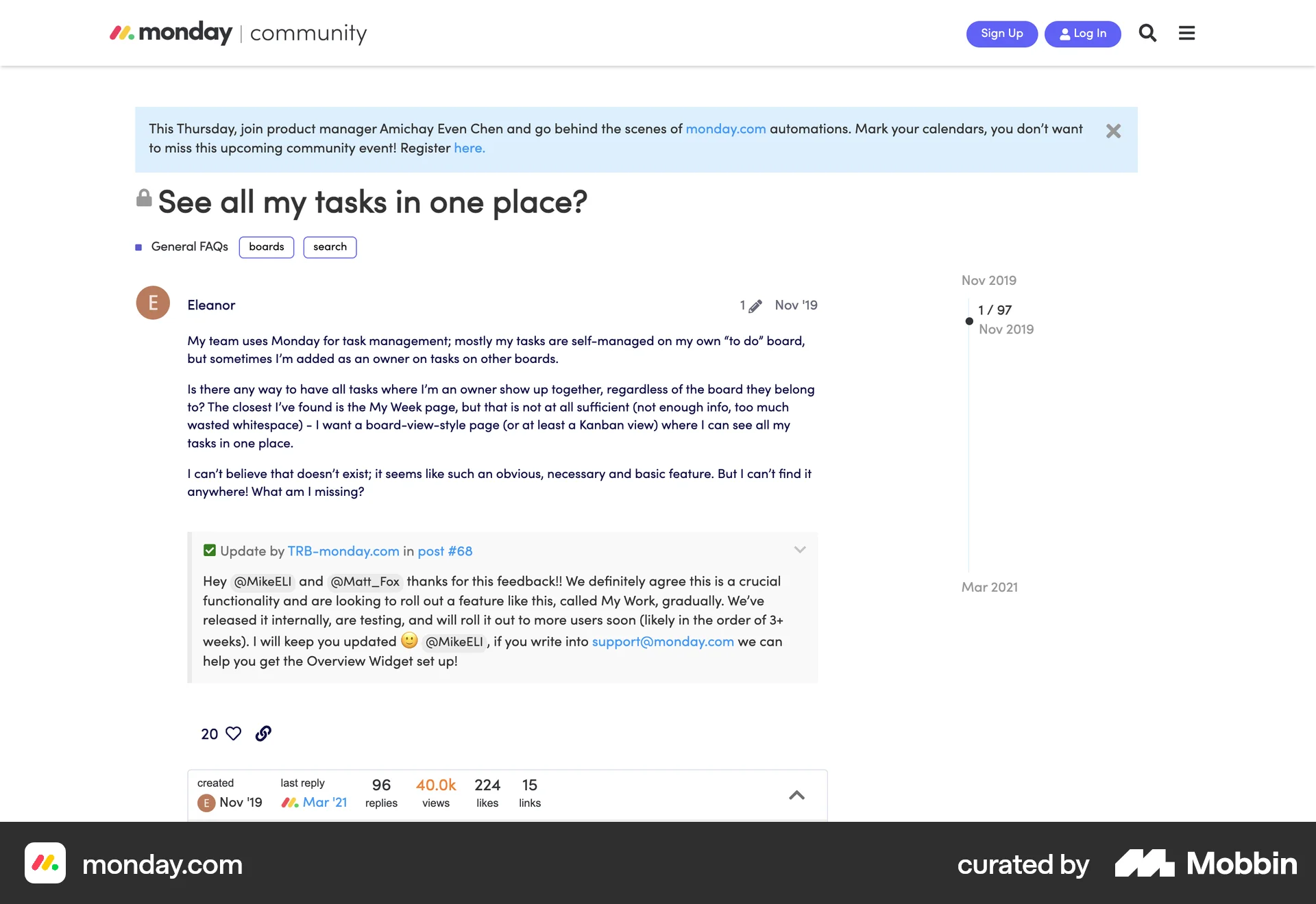 monday.com Web Post Detail screen