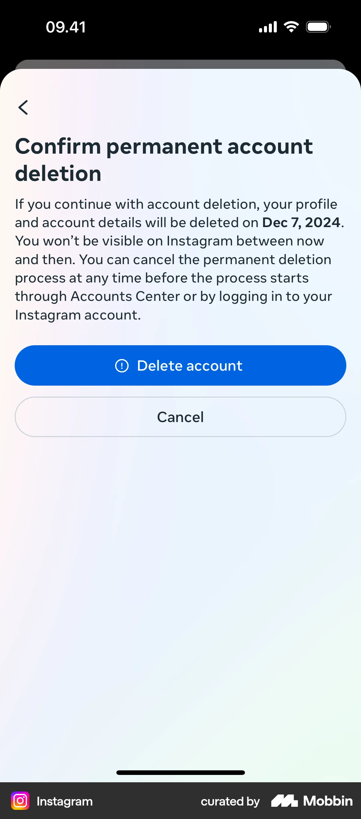 Instagram iOS Delete & Deactivate Account screen