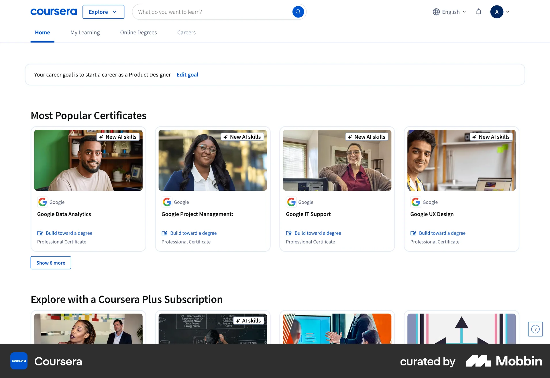 Coursera Web Suggestions & Similar Items screen