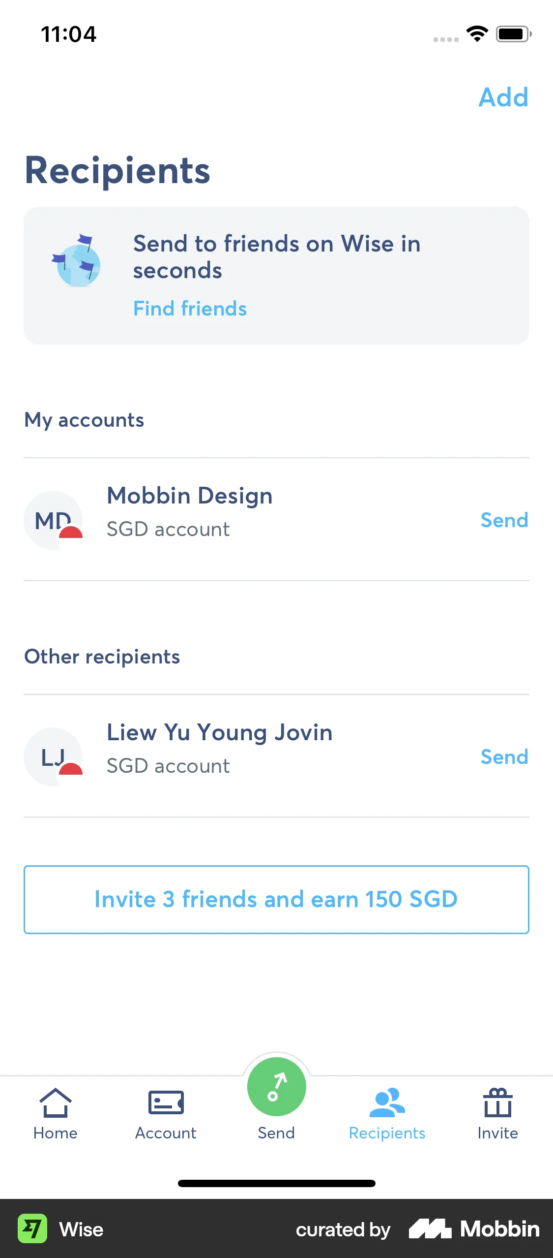 Wise iOS Invite & Refer Friends screen