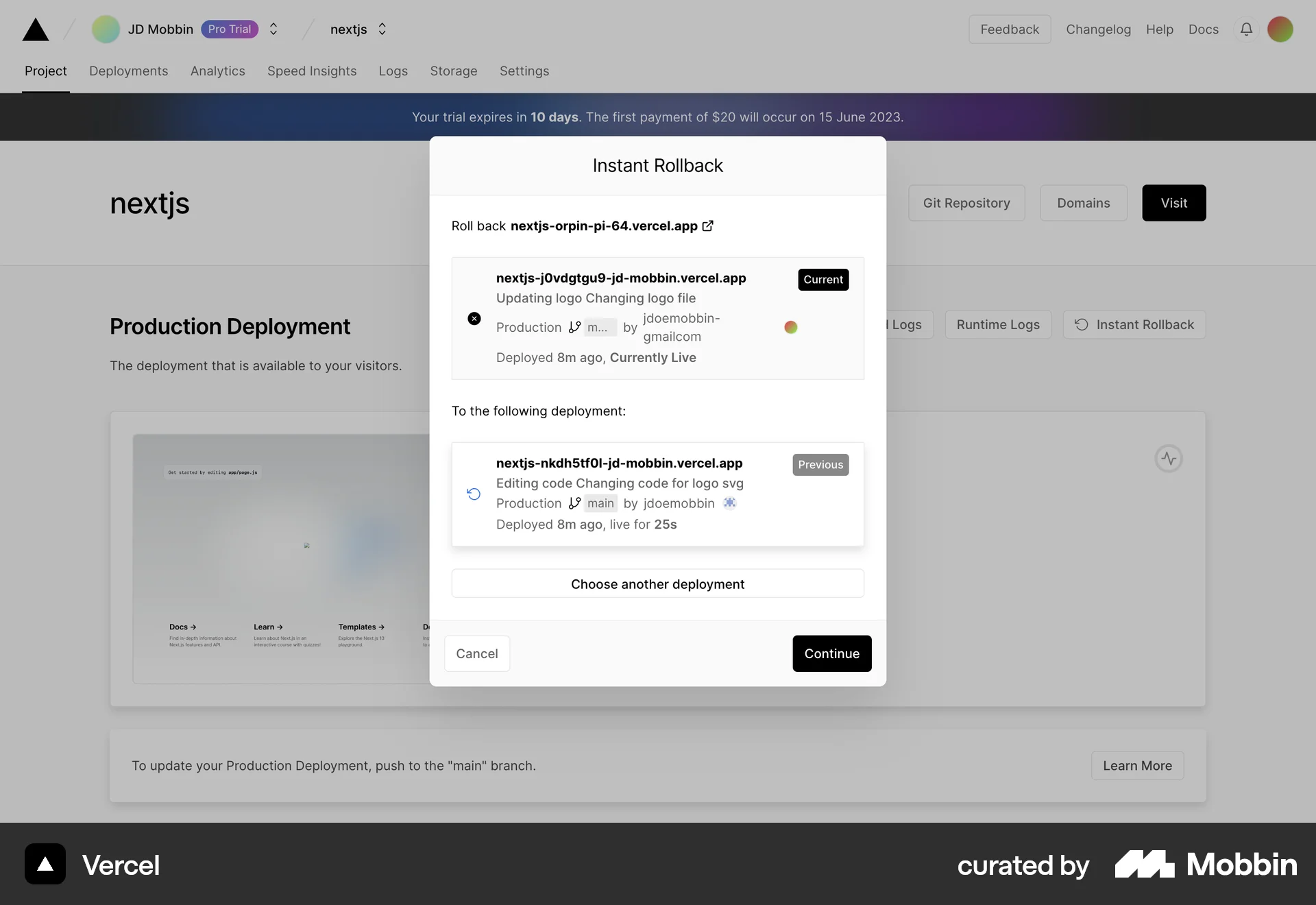 Vercel Web Other Action screen