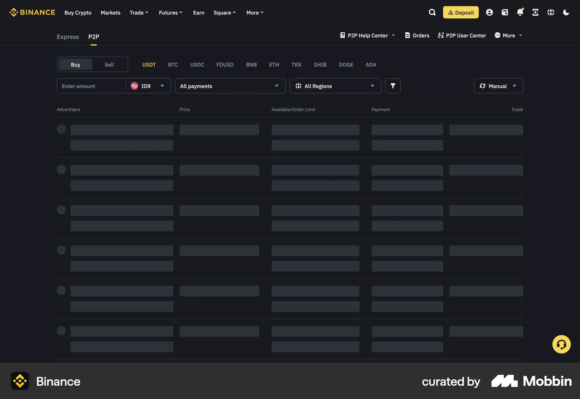 Binance Web screen containing Skeleton UI element