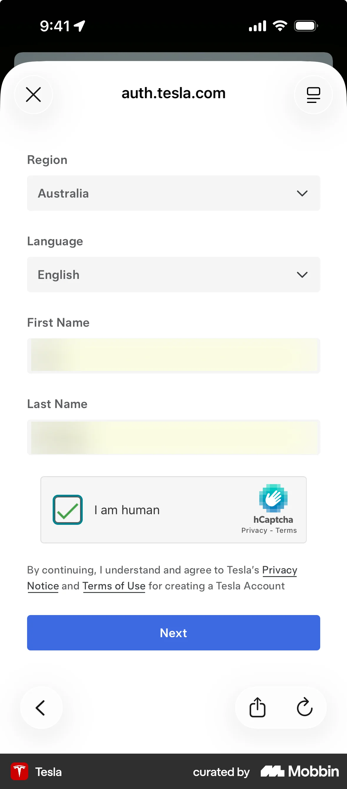 Tesla Onboarding screen