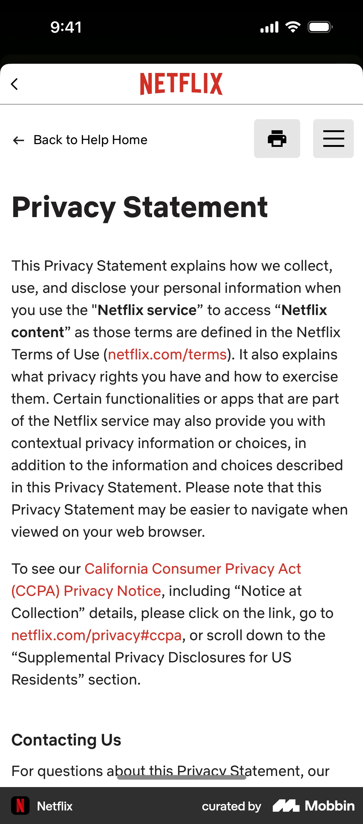 Netflix iOS Privacy Policy screen