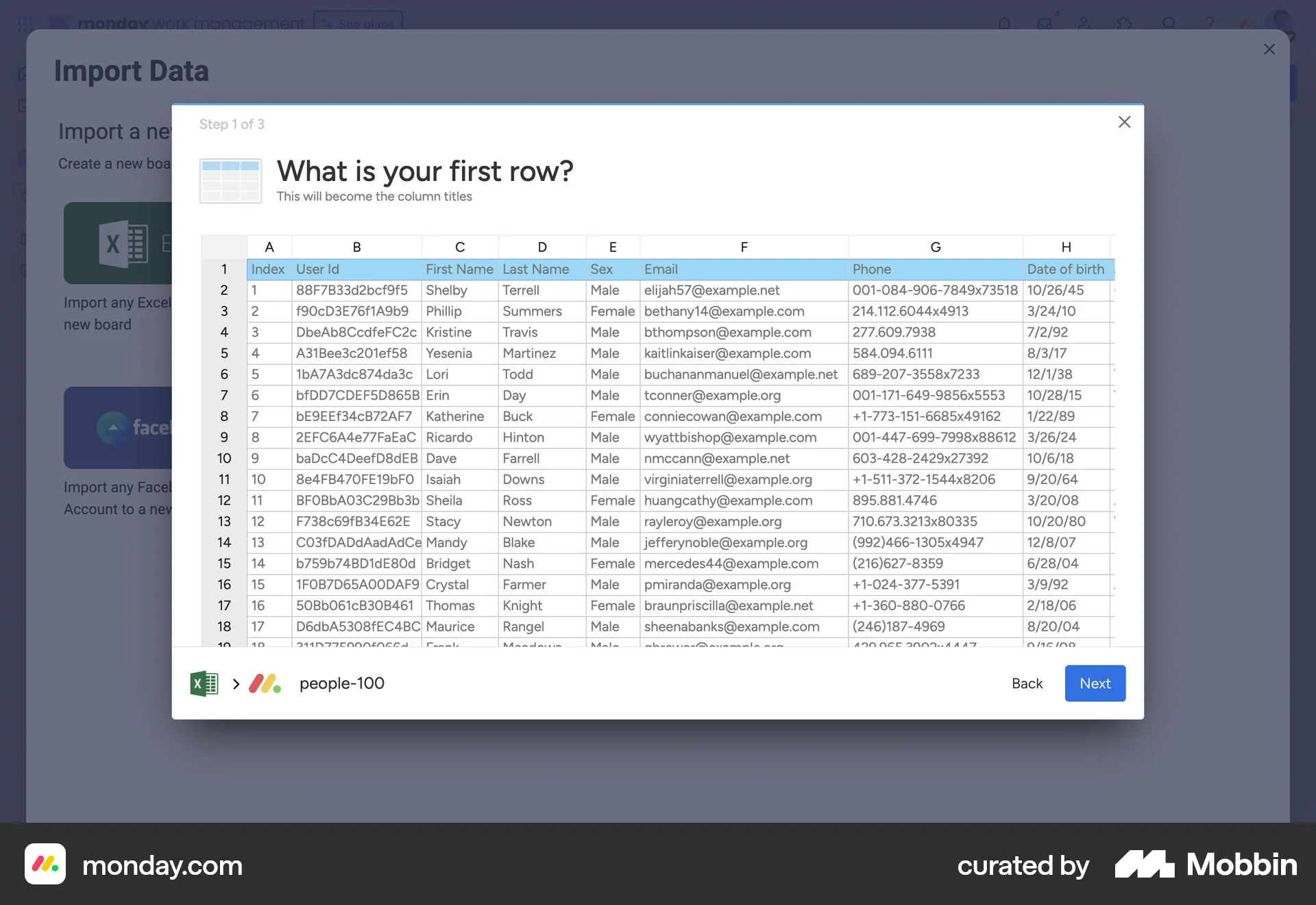 monday.com Web Import & Export screen